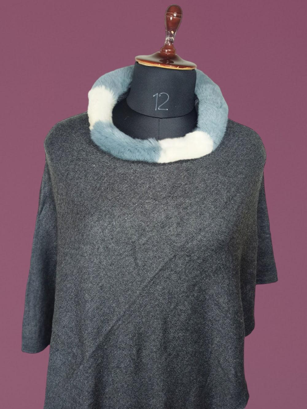 Plain Pashmina Panchu With Fur | Natural Black Colour - ZANSKAR ARTS