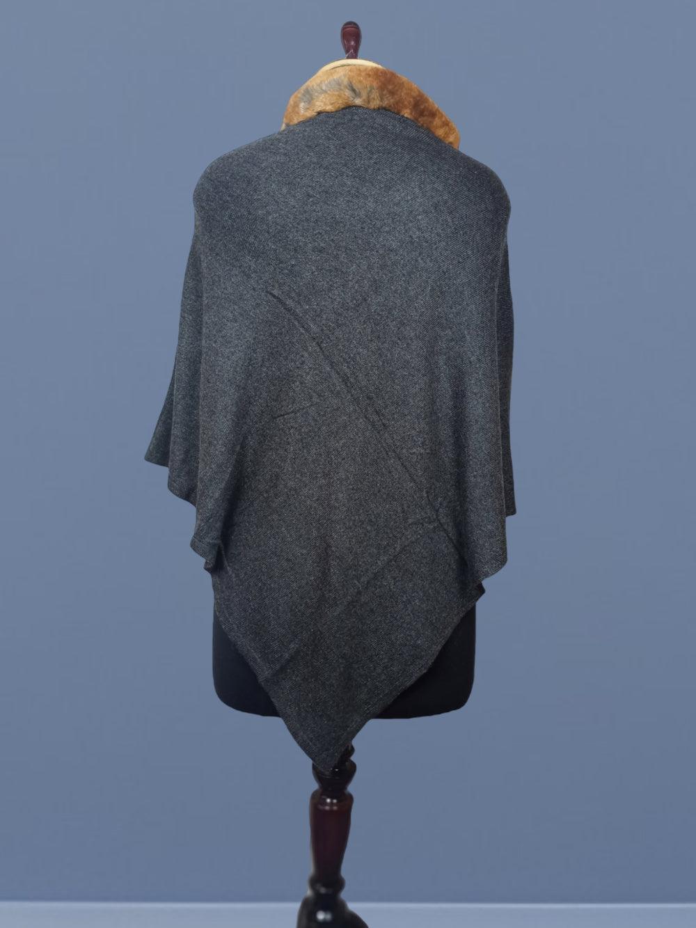 Plain Pashmina Panchu With Fur | Natural Black Colour - ZANSKAR ARTS