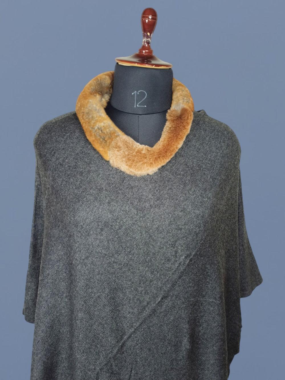 Plain Pashmina Panchu With Fur | Natural Black Colour - ZANSKAR ARTS