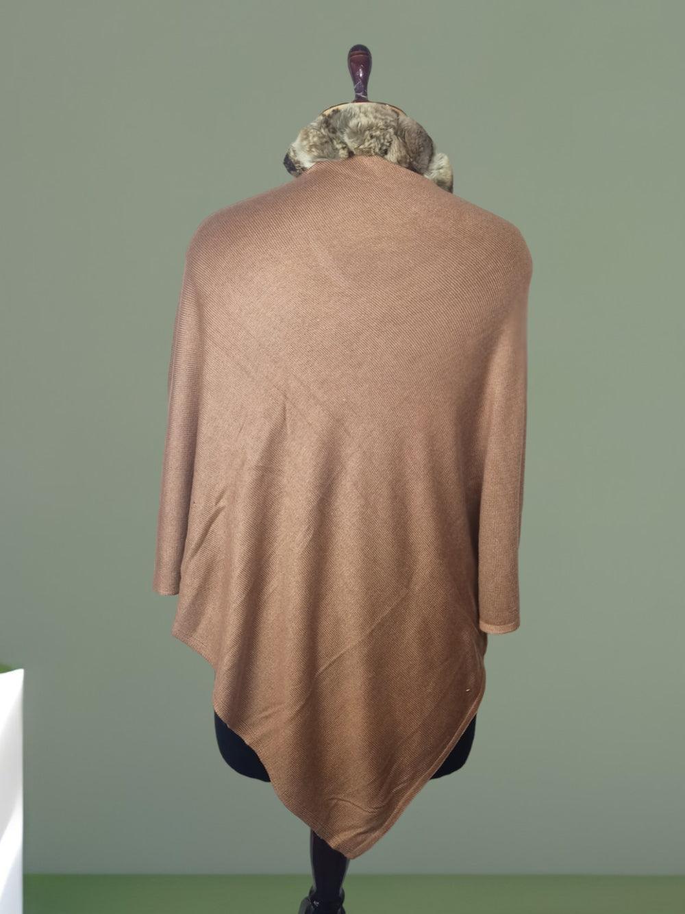 Plain Pashmina Panchu With Fur | Peanut Colour - ZANSKAR ARTS