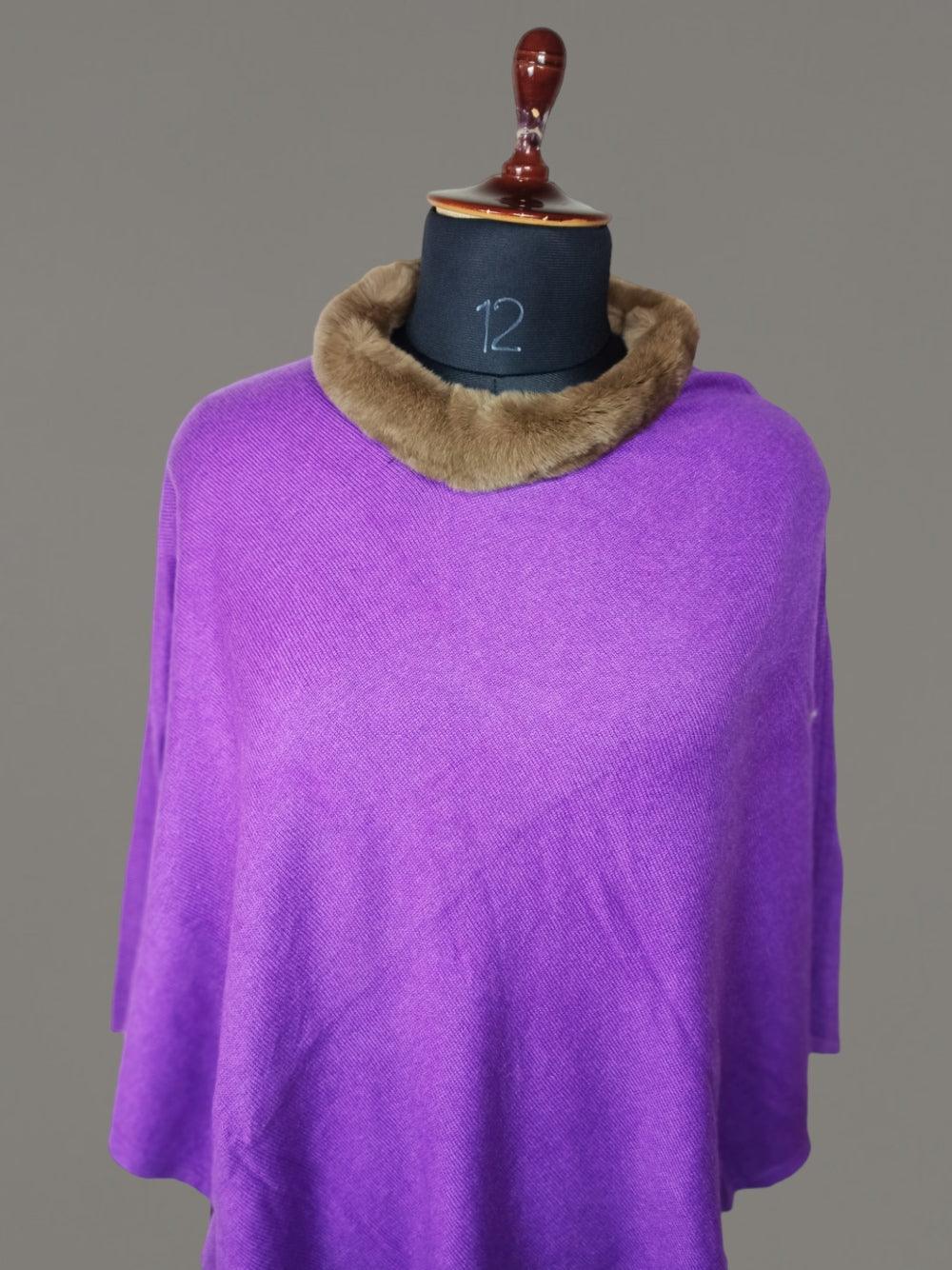 Plain Pashmina Panchu With Fur | Purple Colour - ZANSKAR ARTS
