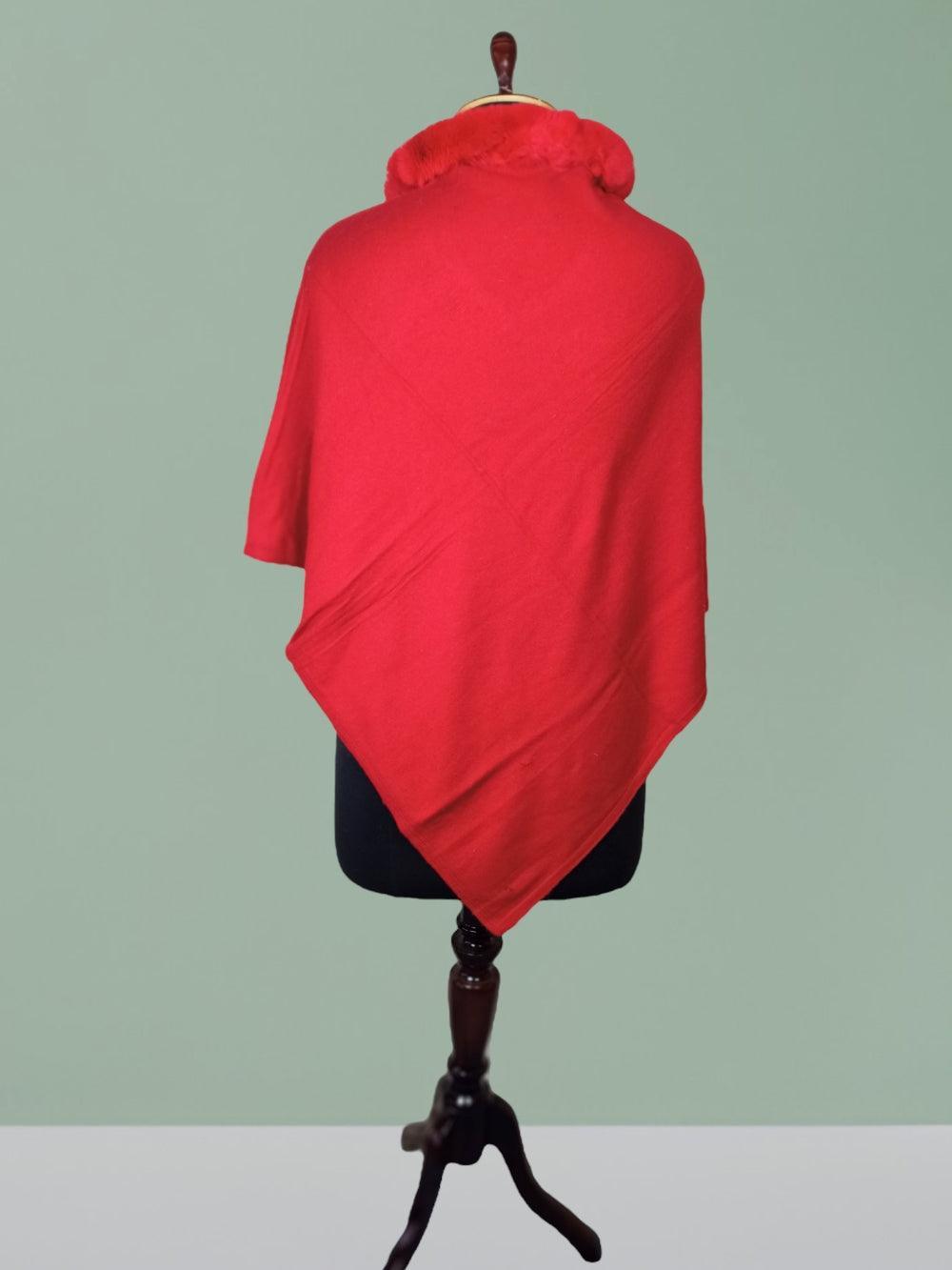 Plain Pashmina Panchu With Fur | Red Colour - ZANSKAR ARTS