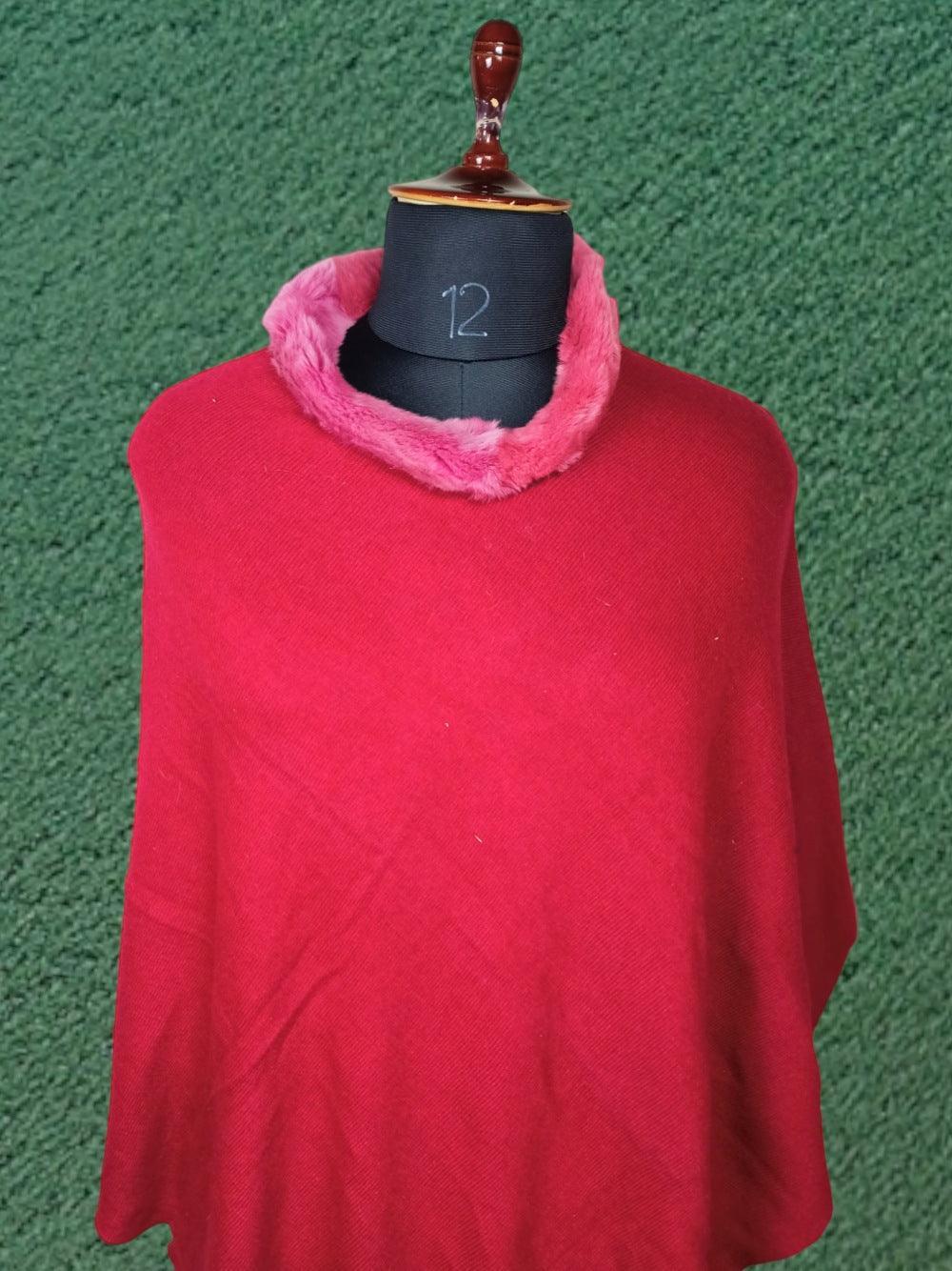 Plain Pashmina Panchu With Fur | Red Colour - ZANSKAR ARTS