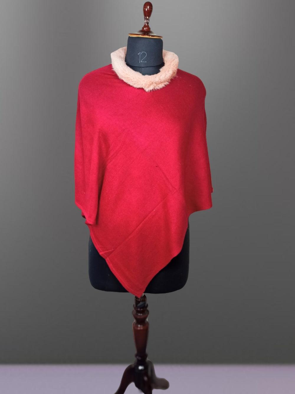 Plain Pashmina Panchu With Fur | Red Colour - ZANSKAR ARTS