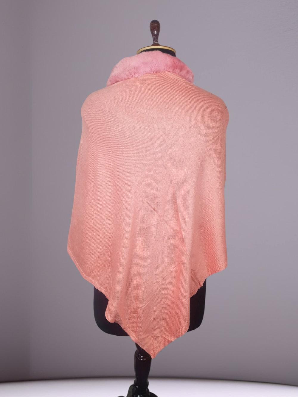 Plain Pashmina Panchu with Fur | Salmon Colour - ZANSKAR ARTS
