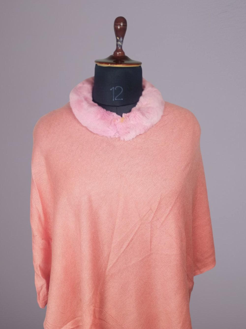 Plain Pashmina Panchu with Fur | Salmon Colour - ZANSKAR ARTS