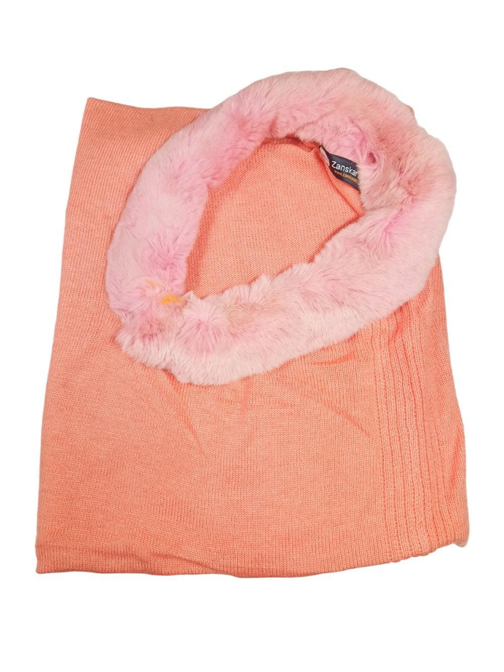 Plain Pashmina Panchu with Fur | Salmon Colour - ZANSKAR ARTS