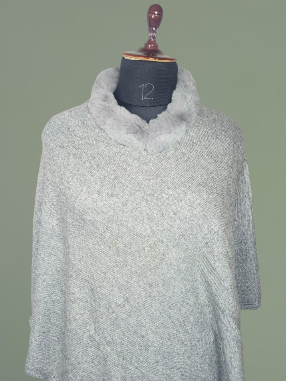 Plain Pashmina Panchu with Fur | Silver Colour - ZANSKAR ARTS