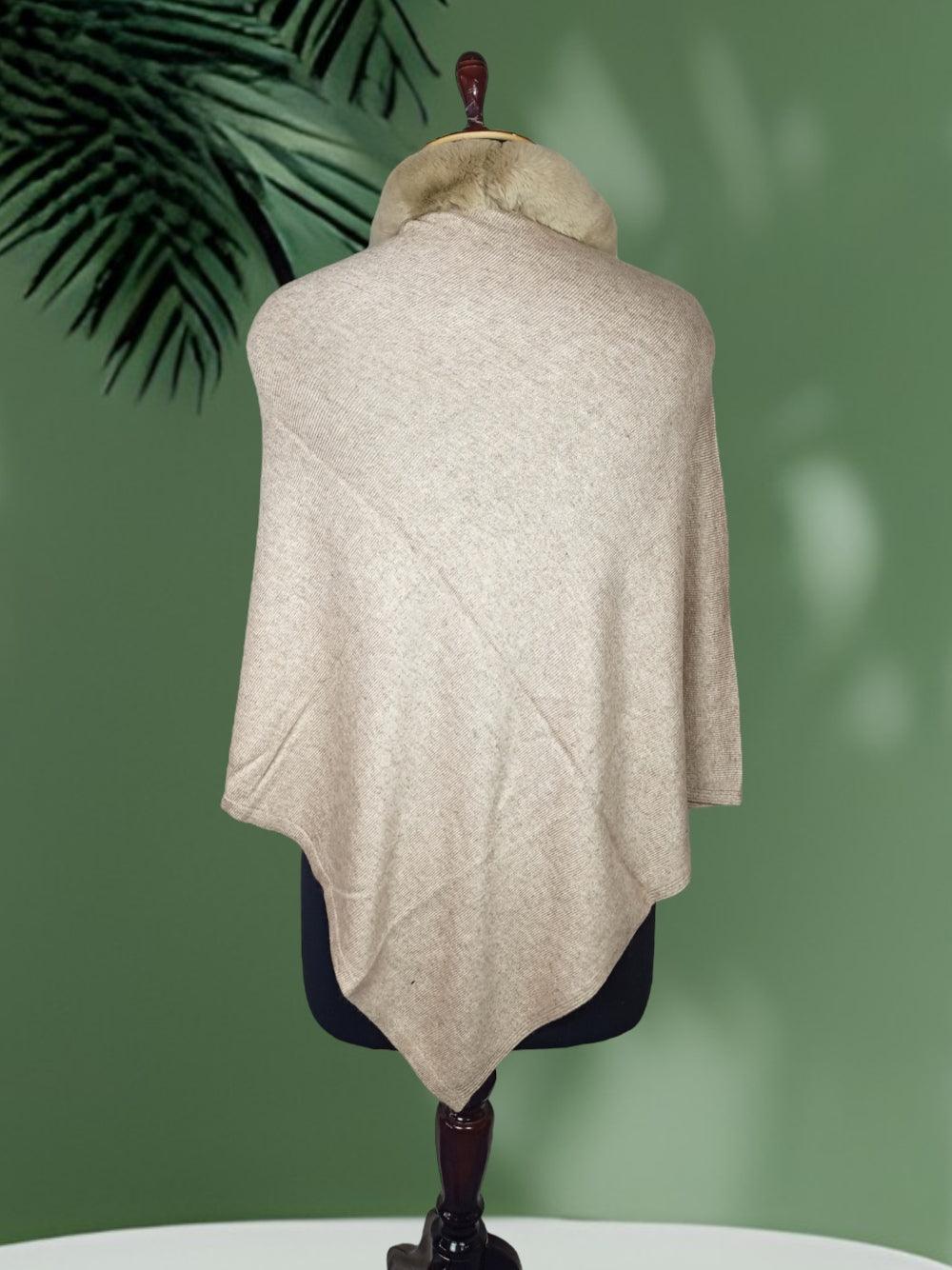 Plain Pashmina Panchu with Fur | Wheat Colour - ZANSKAR ARTS