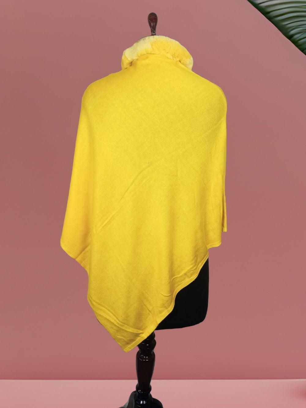 Plain Pashmina Panchu With Fur | Yallow Colour - ZANSKAR ARTS