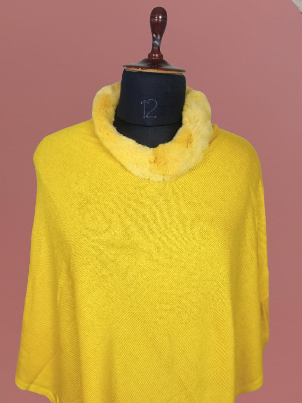 Plain Pashmina Panchu With Fur | Yallow Colour - ZANSKAR ARTS
