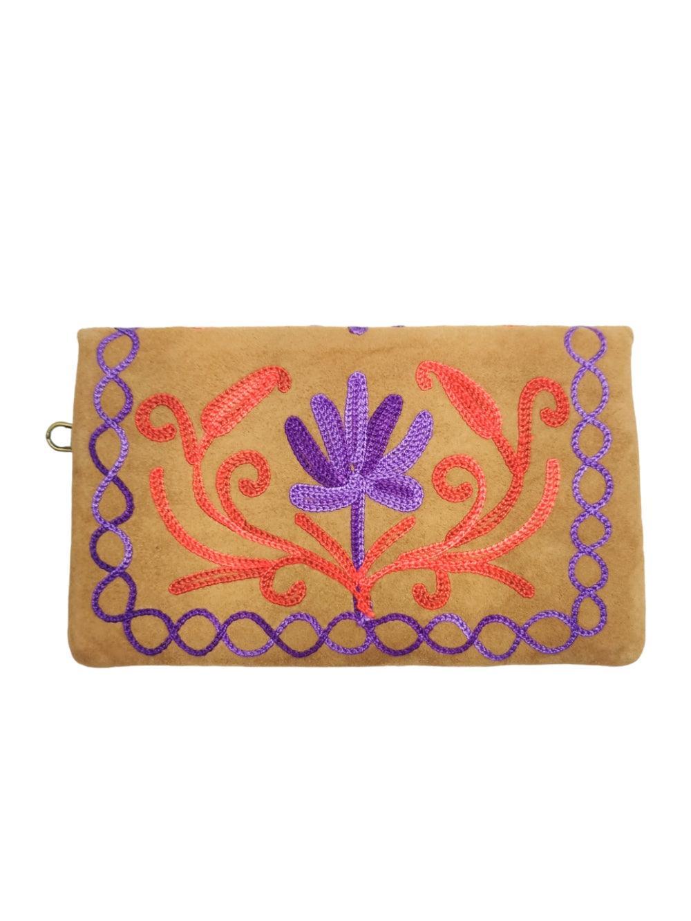 Suede Leather Flap Purse | Kashmiri Flap Purse | 6" Zip Purse - ZANSKAR ARTS