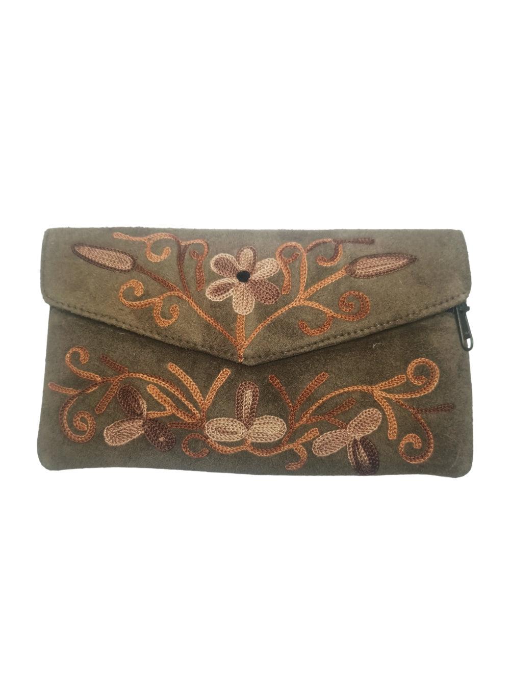 Suede Leather Flap Purse | Kashmiri Flap Purse | 8" Zip Purse - ZANSKAR ARTS