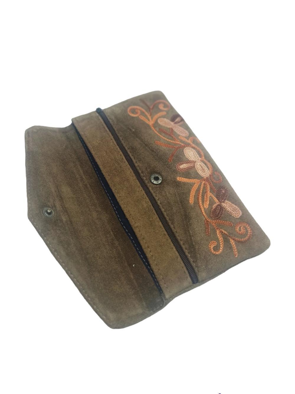 Suede Leather Flap Purse | Kashmiri Flap Purse | 8" Zip Purse - ZANSKAR ARTS