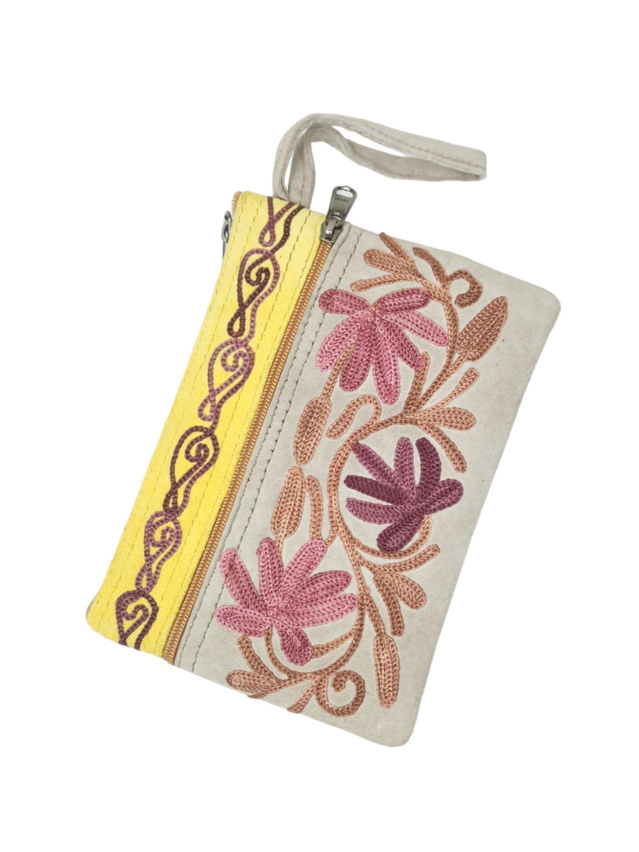 Suede Leather Purse | Aari Hand Purch | 6" 3 Zip Embroidered Purse - ZANSKAR ARTS