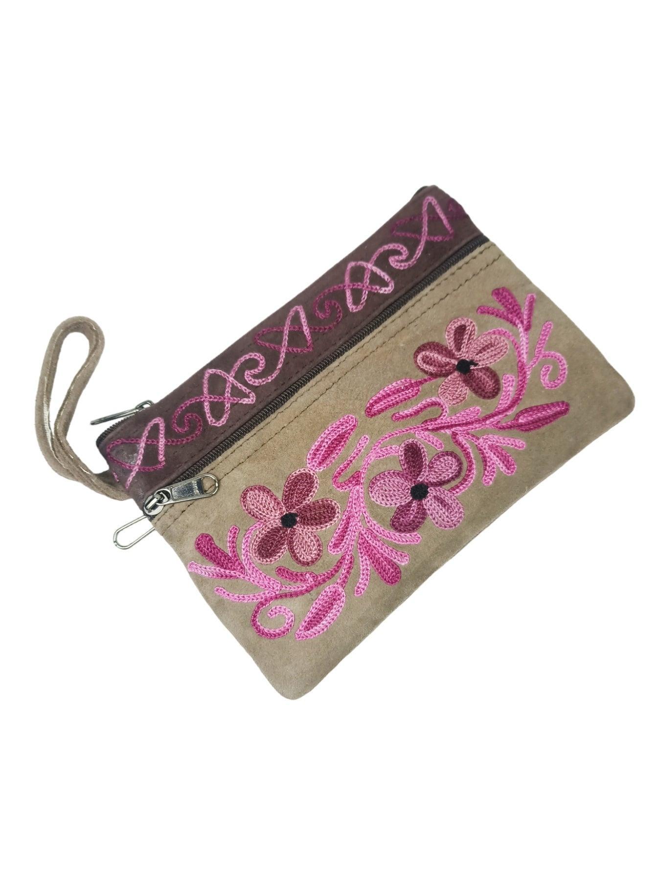 Suede Leather Purse | Aari Hand Purch | 6" 3 Zip Embroidered Purse - ZANSKAR ARTS