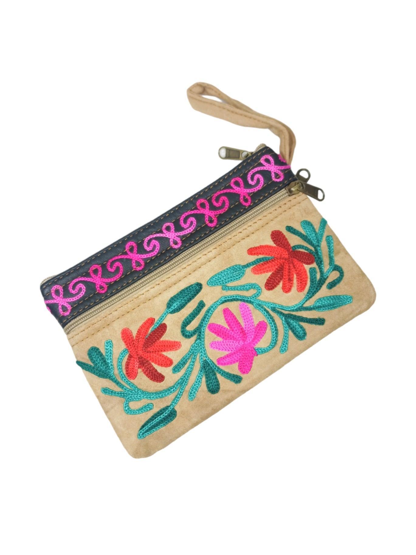 Suede Leather Purse | Aari Hand Purch | 6" 3 Zip Embroidered Purse - ZANSKAR ARTS
