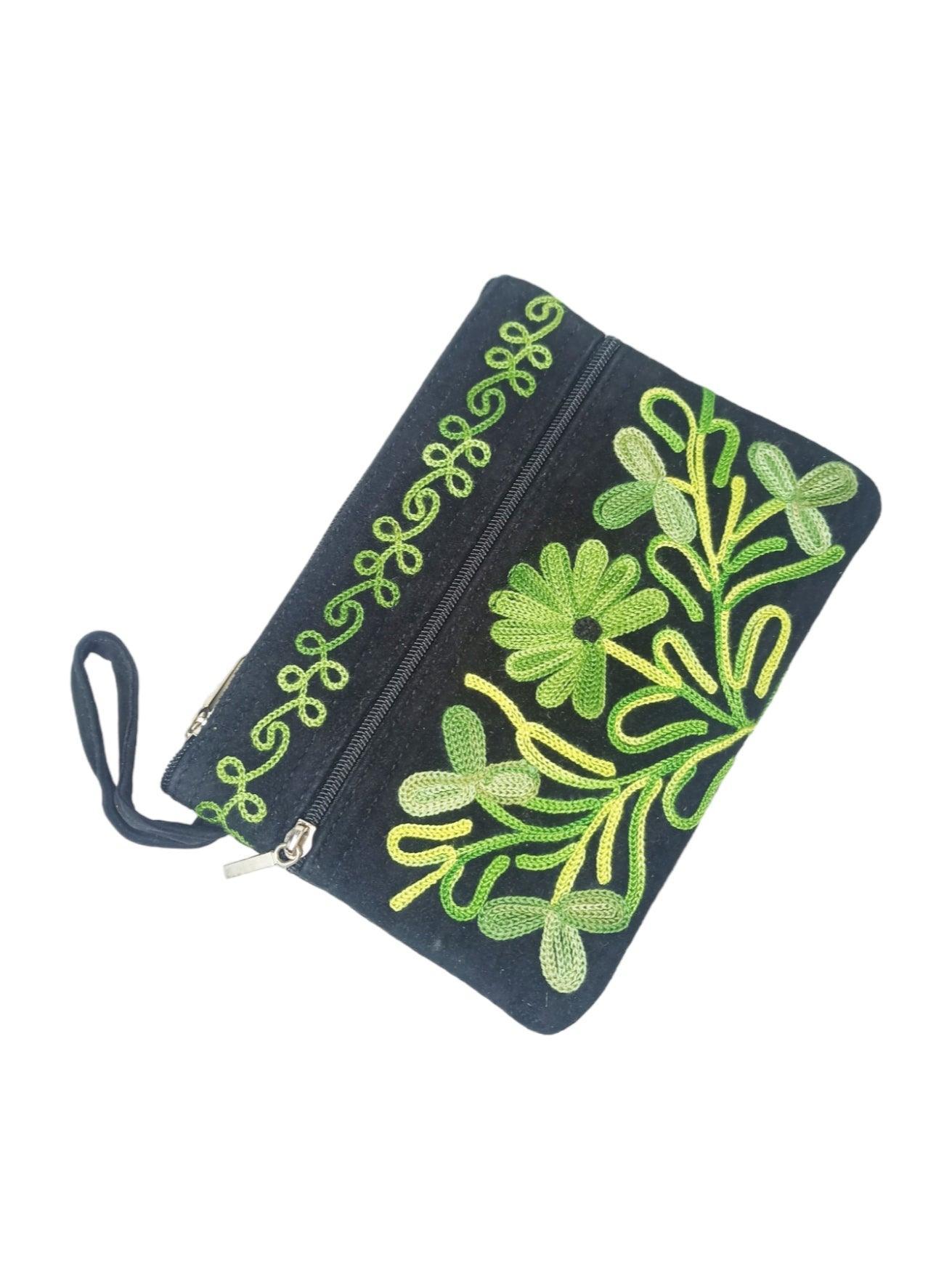 Suede Leather Purse | Aari Hand Purch | 6" 3 Zip Embroidered Purse - ZANSKAR ARTS