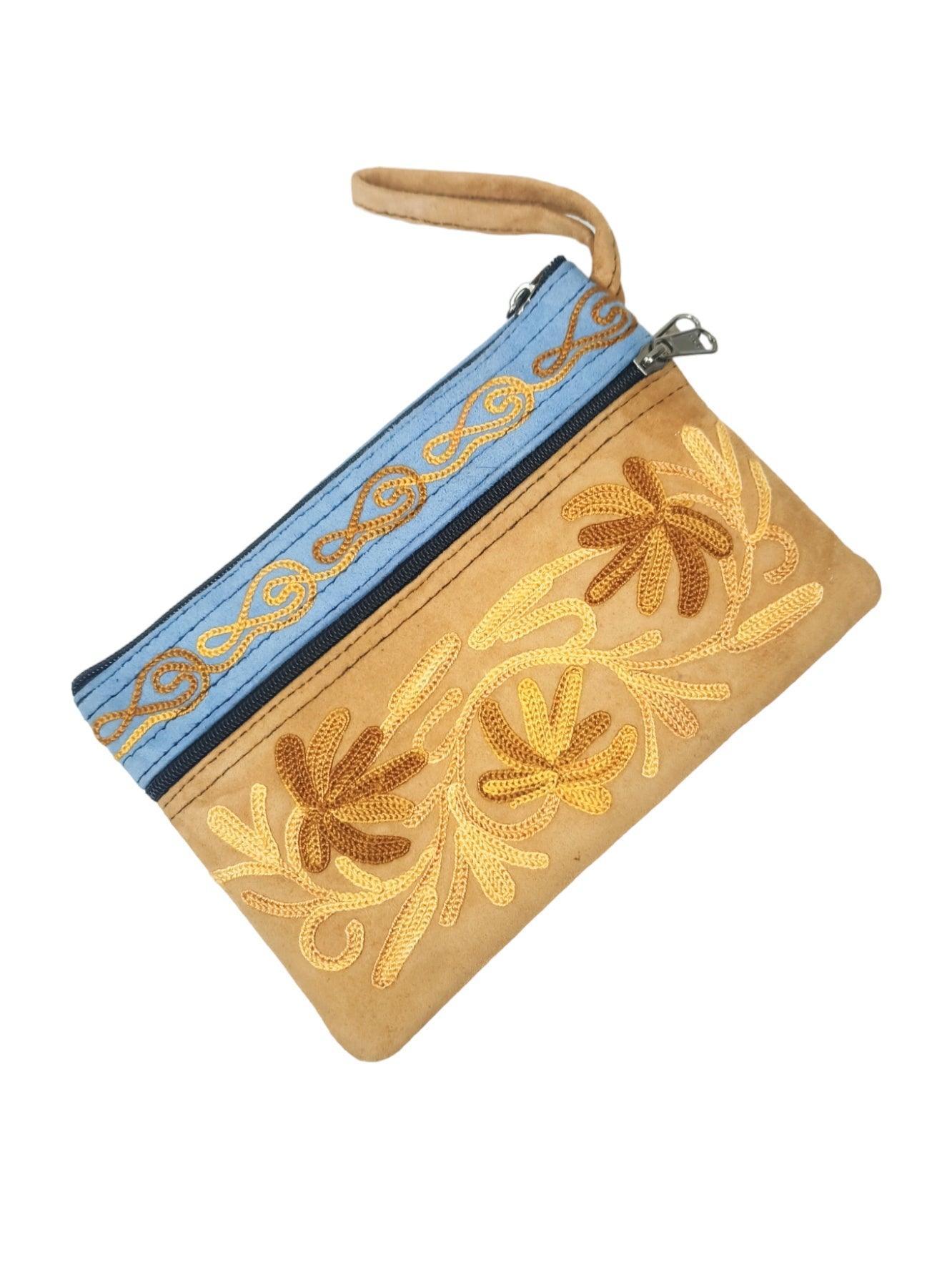 Suede Leather Purse | Aari Hand Purch | 6" 3 Zip Embroidered Purse - ZANSKAR ARTS