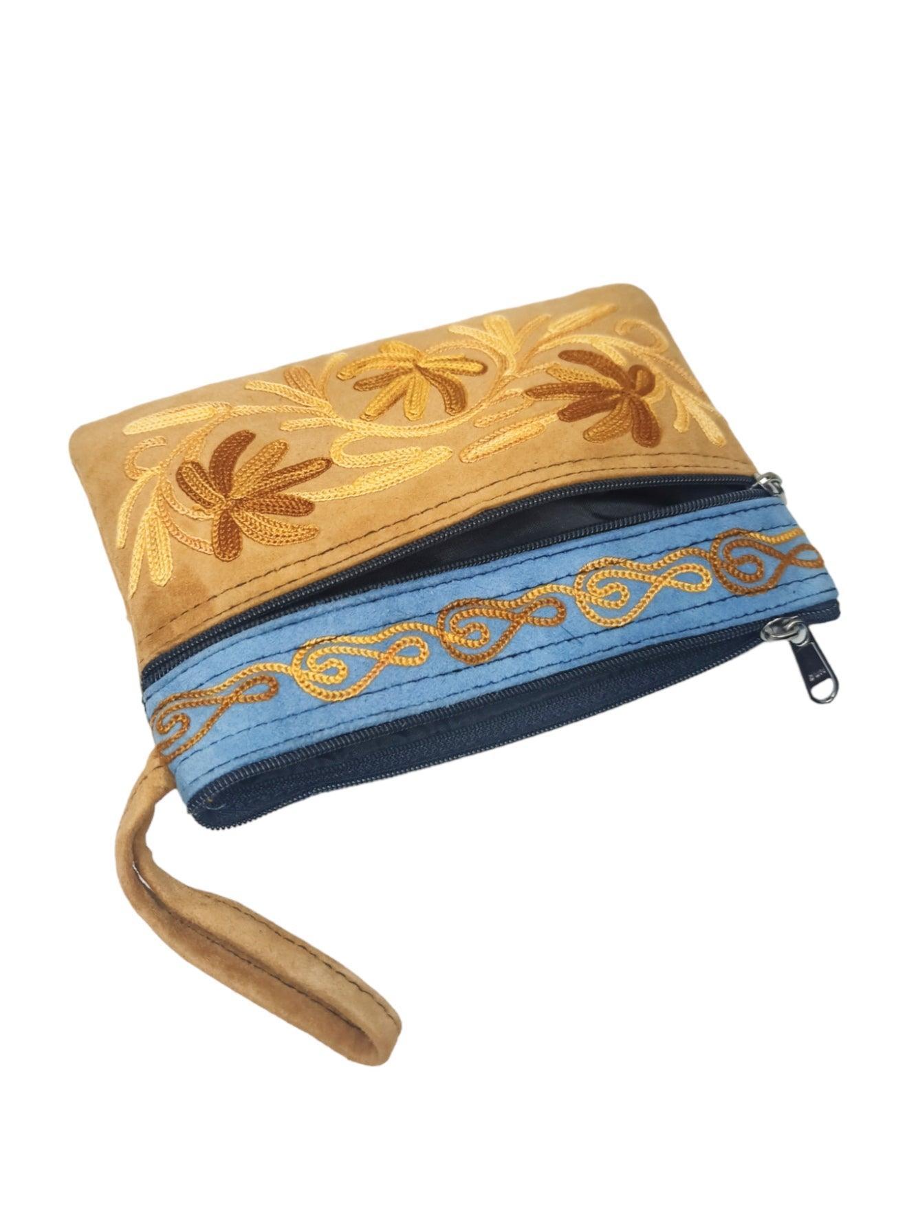Suede Leather Purse | Aari Hand Purch | 6" 3 Zip Embroidered Purse - ZANSKAR ARTS
