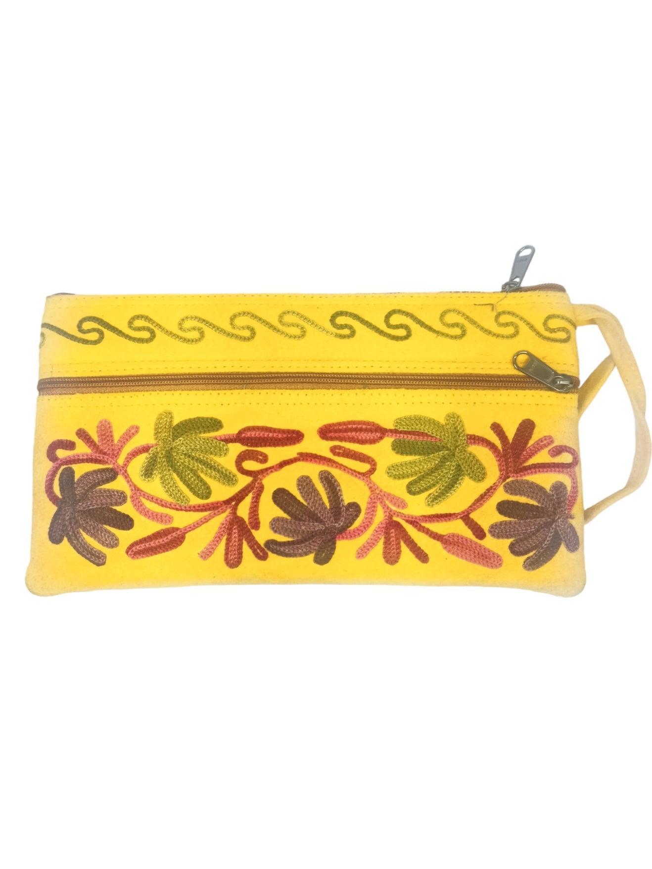 Suede Leather Purse | Aari Hand Purch | 8" 3 Zip Embroidered Purse - ZANSKAR ARTS