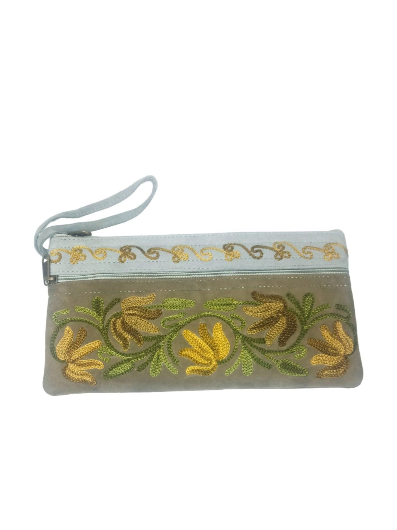 Suede Leather Purse | Aari Hand Purch | 8" 3 Zip Embroidered Purse - ZANSKAR ARTS