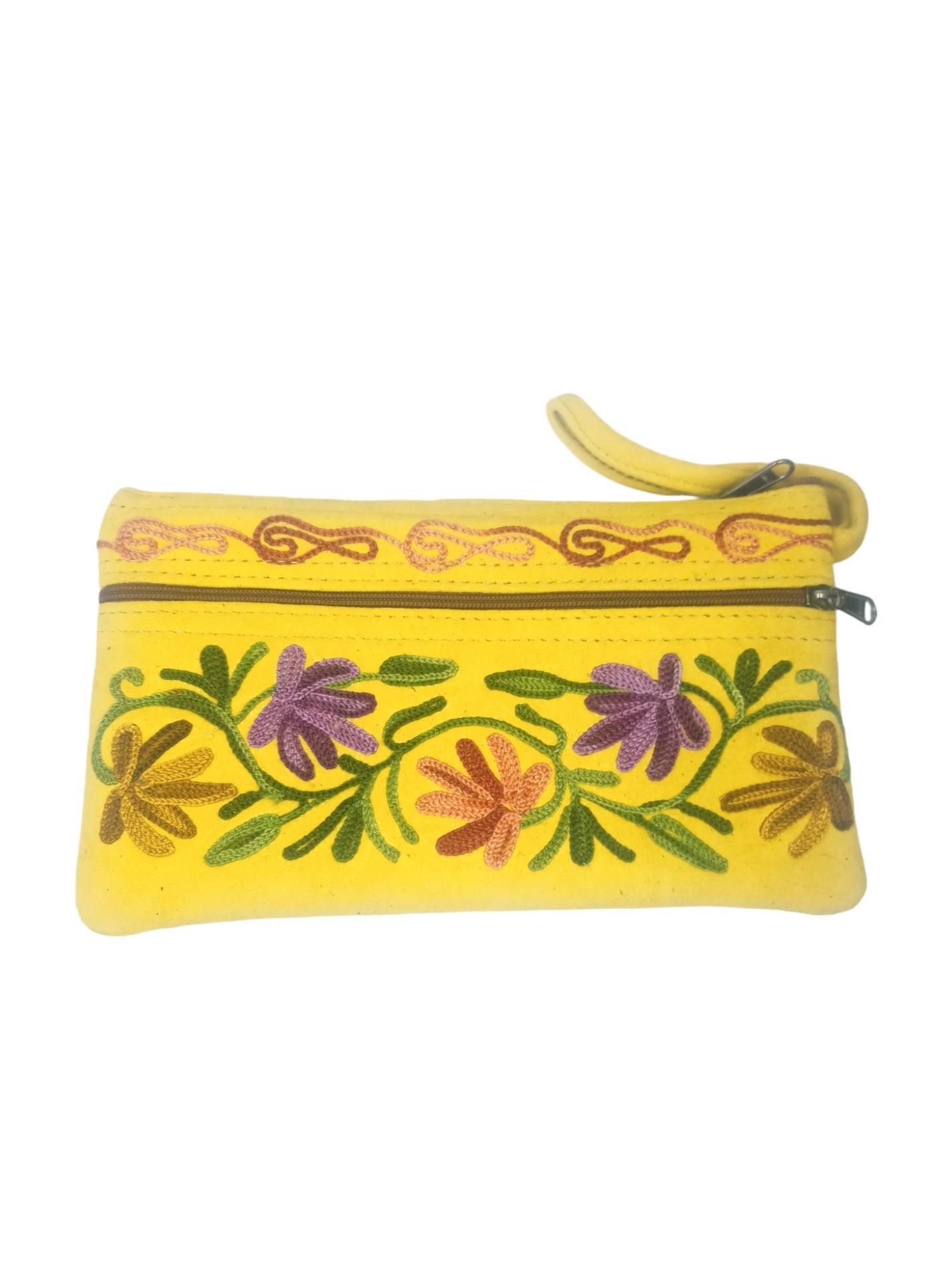 Suede Leather Purse | Aari Hand Purch | 8" 3 Zip Embroidered Purse - ZANSKAR ARTS