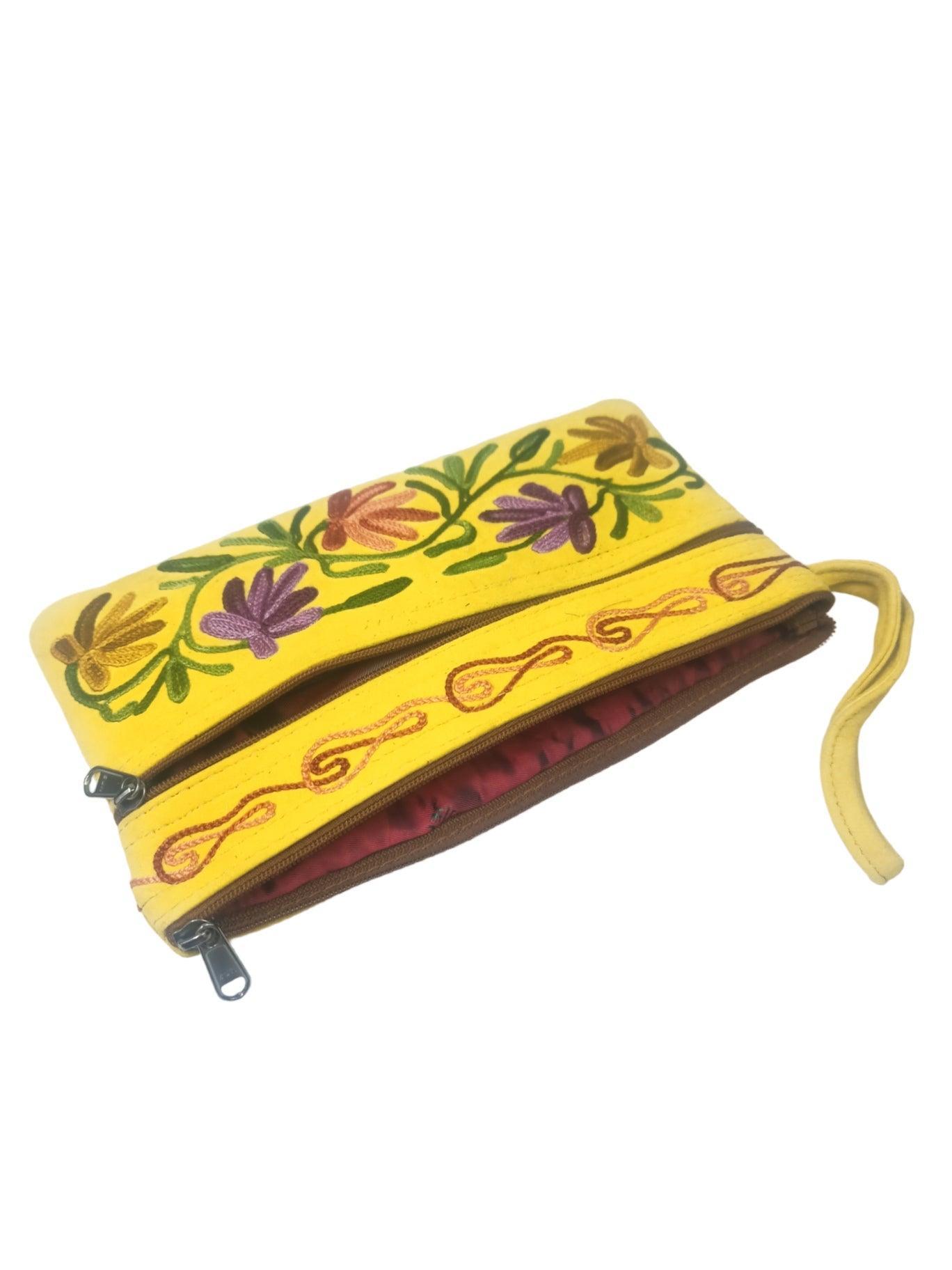 Suede Leather Purse | Aari Hand Purch | 8" 3 Zip Embroidered Purse - ZANSKAR ARTS