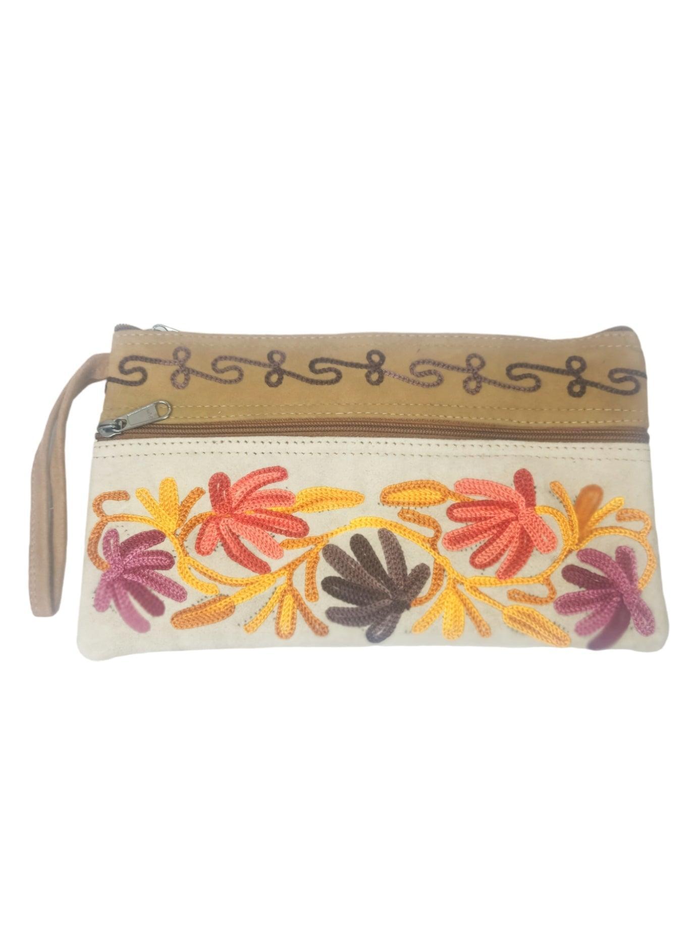 Suede Leather Purse | Aari Hand Purch | 8" 3 Zip Embroidered Purse - ZANSKAR ARTS