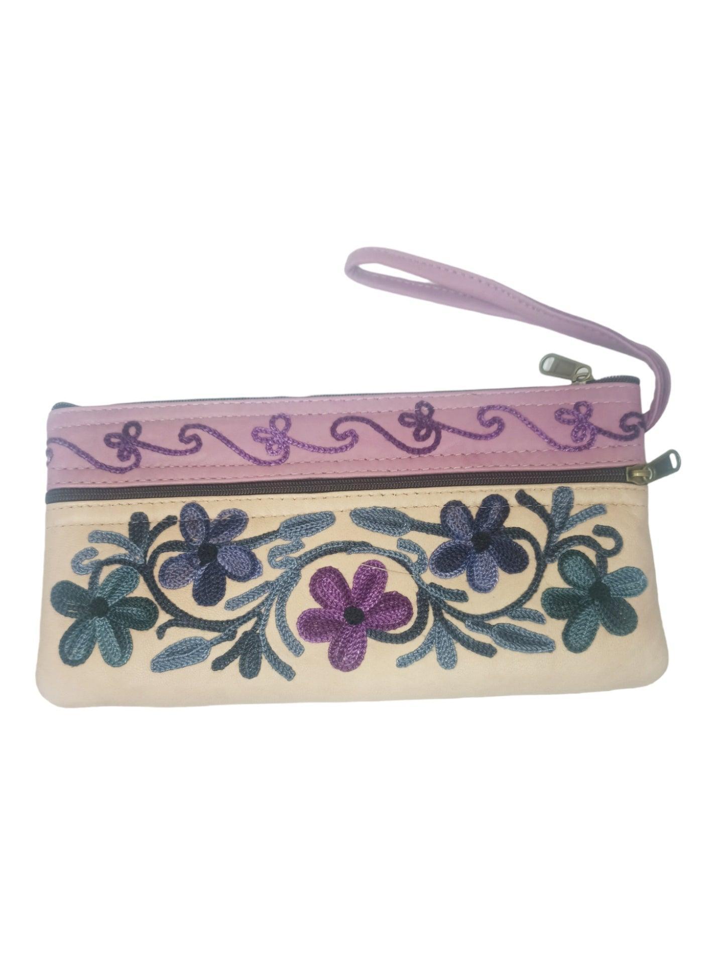 Suede Leather Purse | Aari Hand Purch | 8" 3 Zip Embroidered Purse - ZANSKAR ARTS