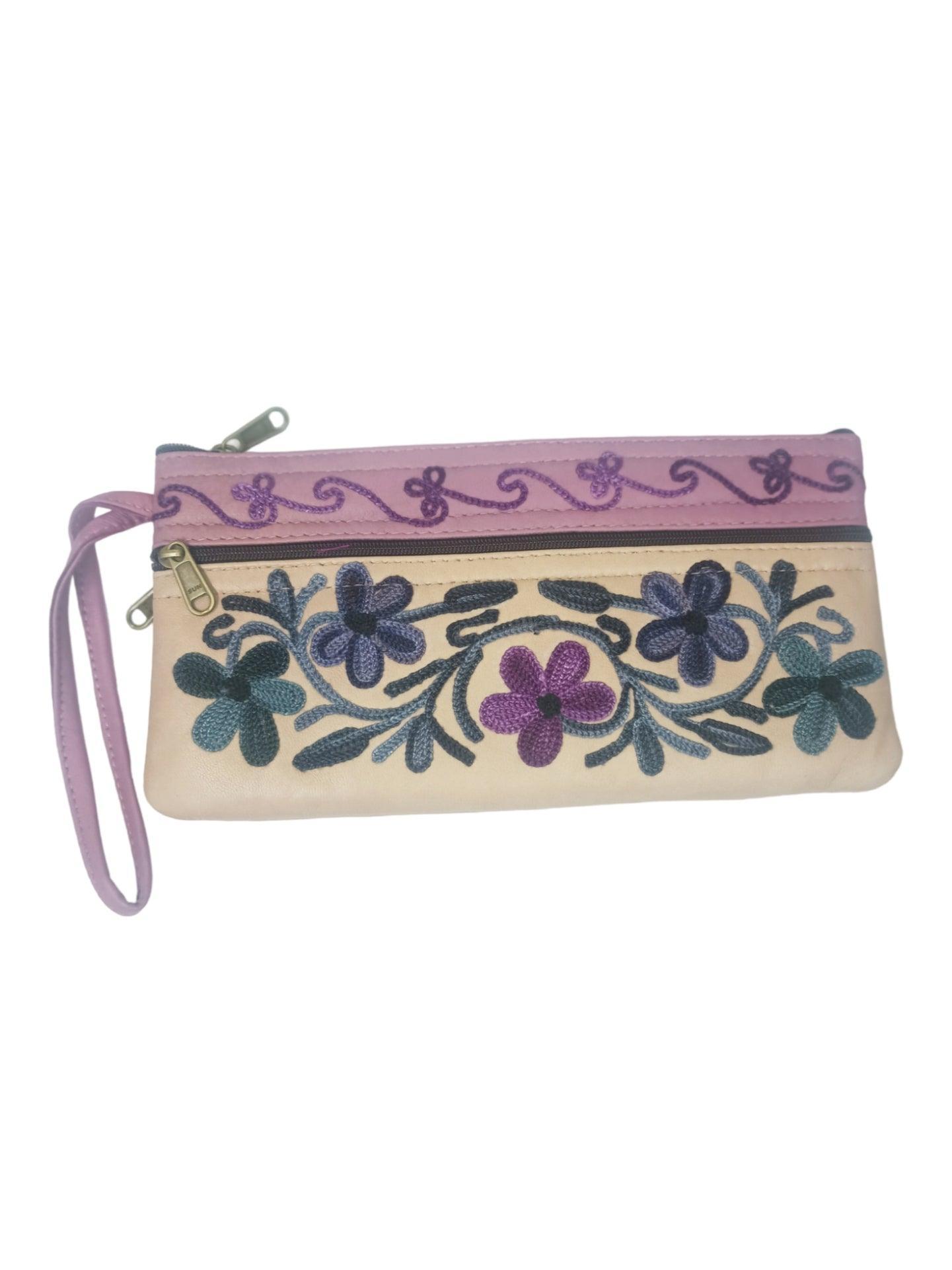 Suede Leather Purse | Aari Hand Purch | 8" 3 Zip Embroidered Purse - ZANSKAR ARTS
