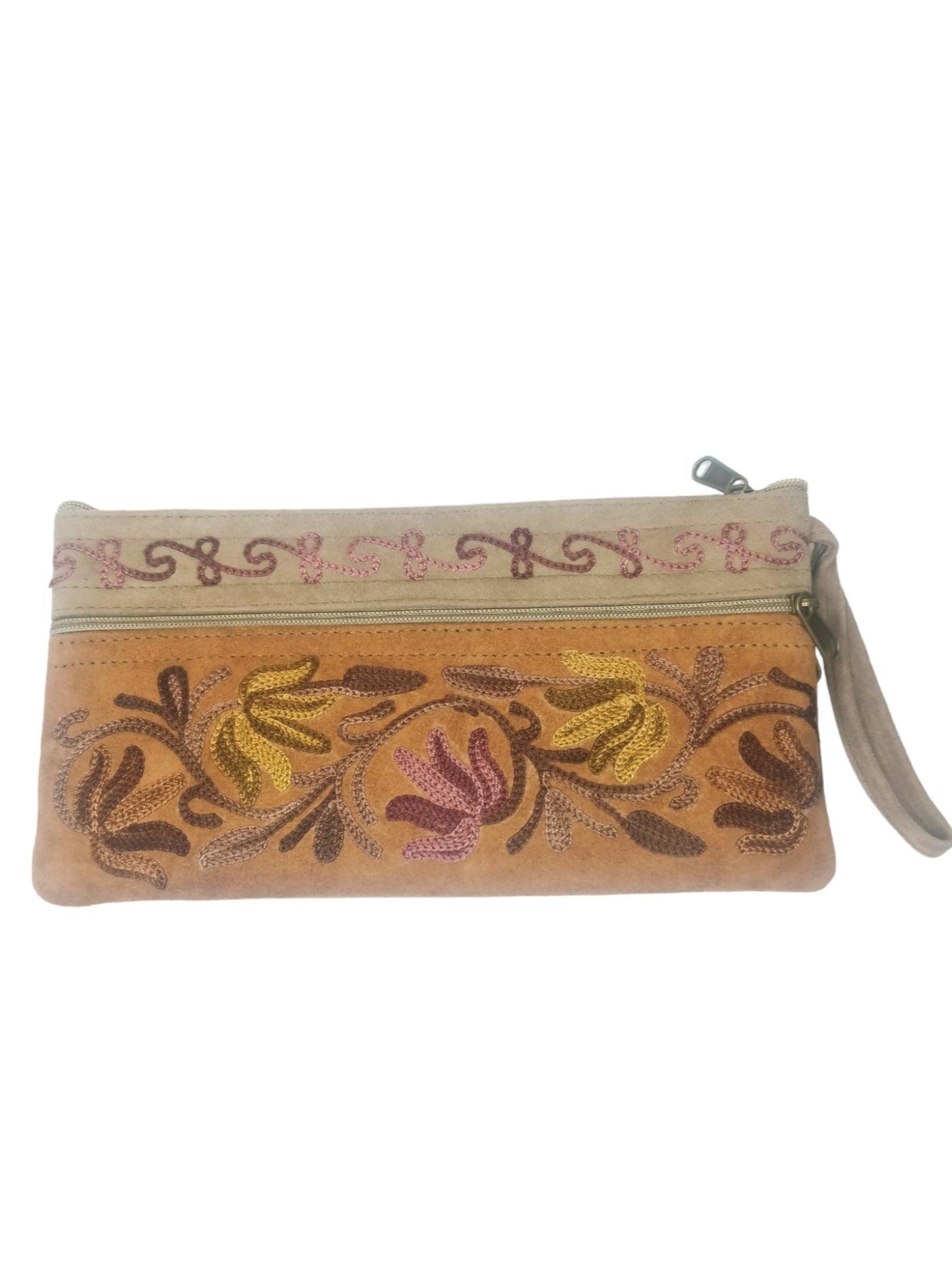 Suede Leather Purse | Aari Hand Purch | 8" 3 Zip Embroidered Purse - ZANSKAR ARTS