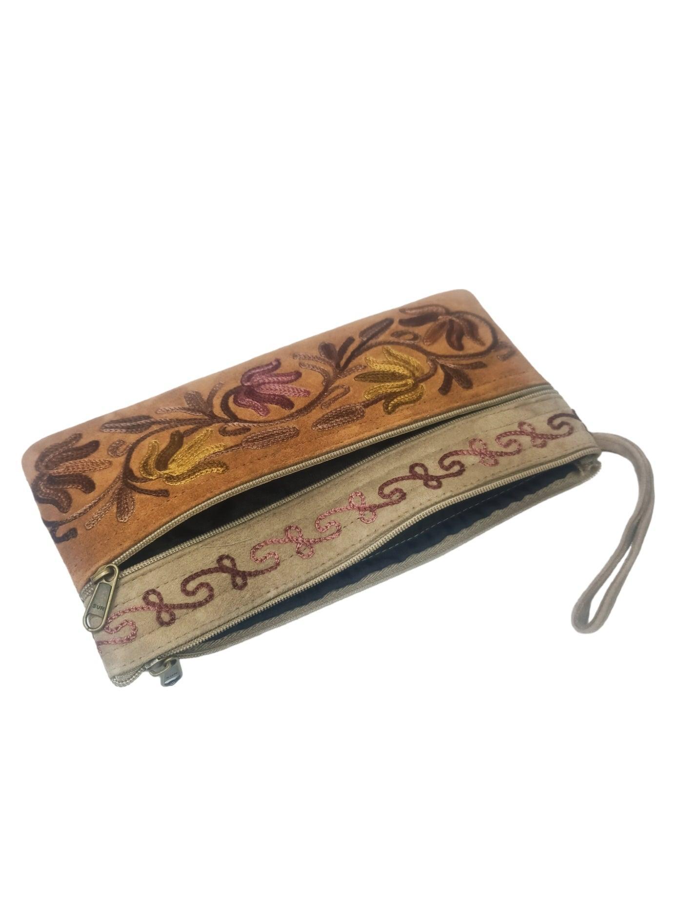 Suede Leather Purse | Aari Hand Purch | 8" 3 Zip Embroidered Purse - ZANSKAR ARTS