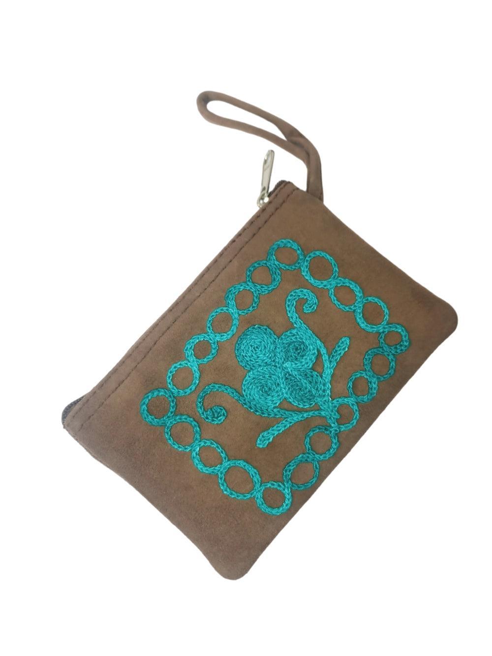 Suede Leather Purse Single Zip | Aari Hand Purch | 4"Zip Purse - ZANSKAR ARTS