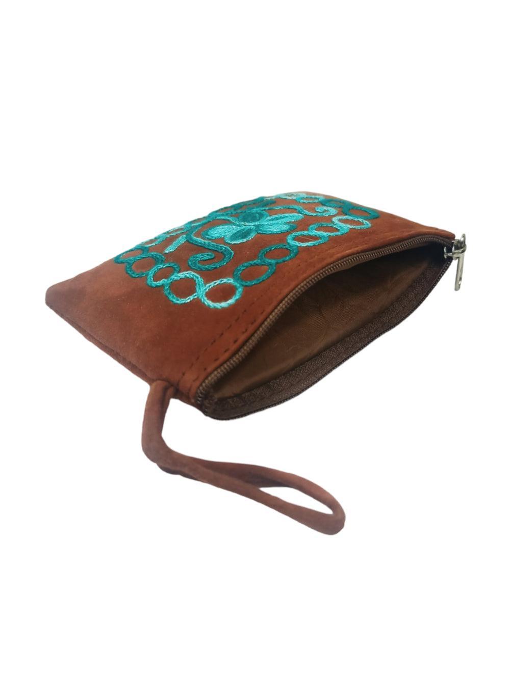 Suede Leather Purse Single Zip | Aari Hand Purch | 4"Zip Purse - ZANSKAR ARTS