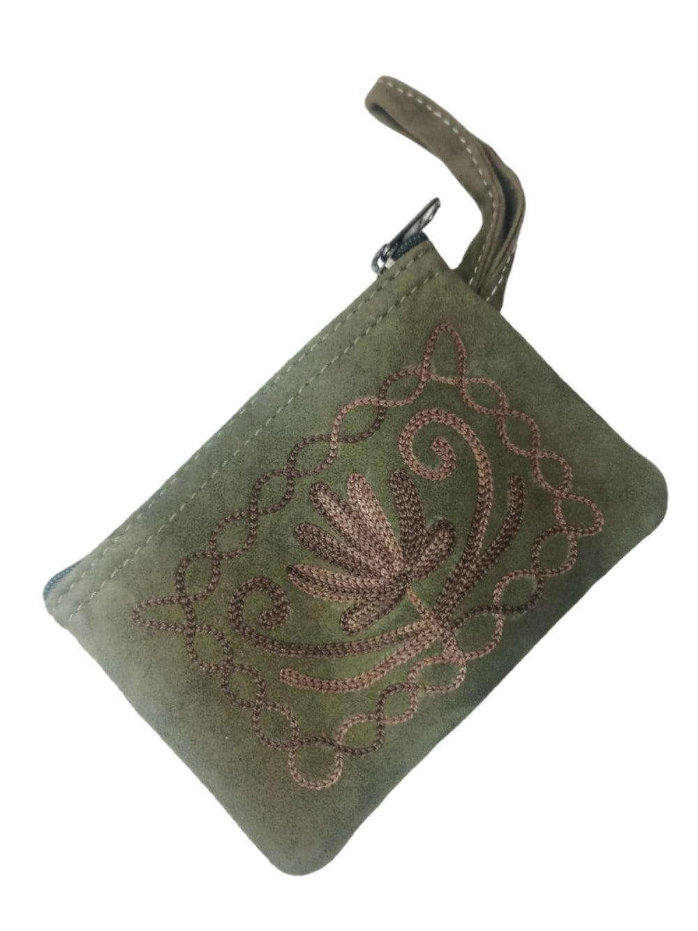 Suede Leather Purse Single Zip | Aari Hand Purch | 4"Zip Purse - ZANSKAR ARTS