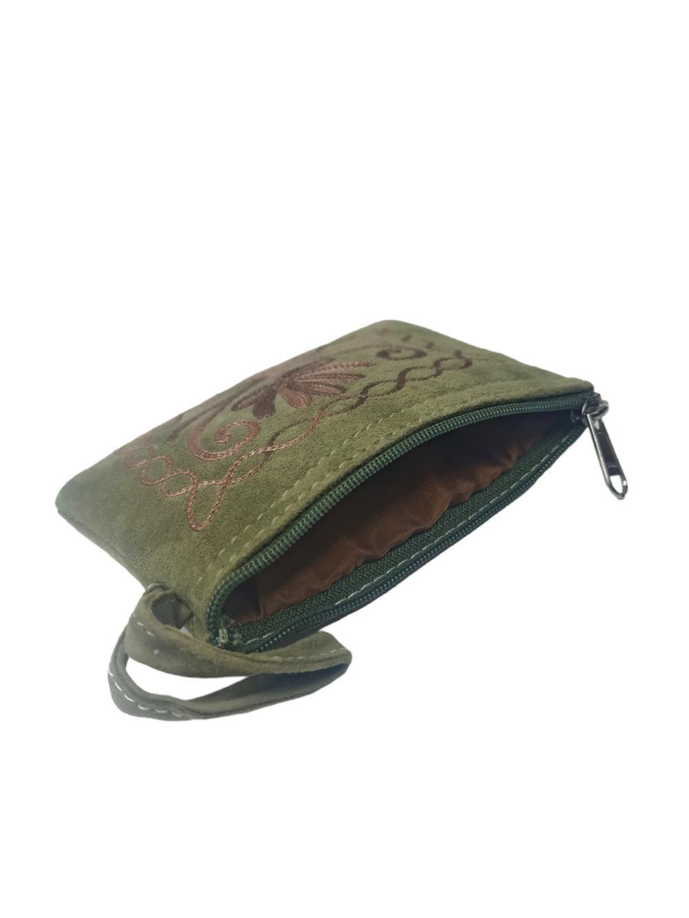 Suede Leather Purse Single Zip | Aari Hand Purch | 4"Zip Purse - ZANSKAR ARTS