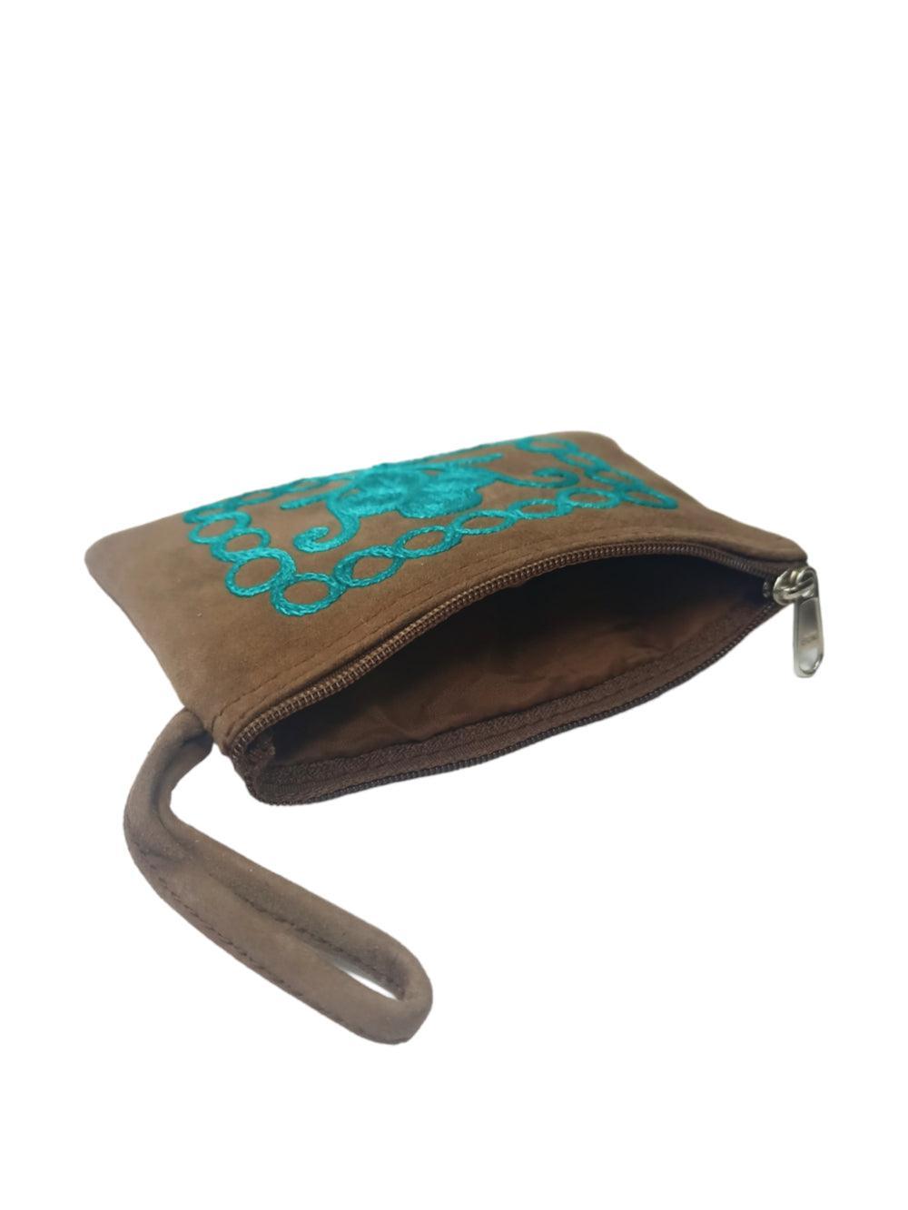 Suede Leather Purse Single Zip | Aari Hand Purch | 4"Zip Purse - ZANSKAR ARTS