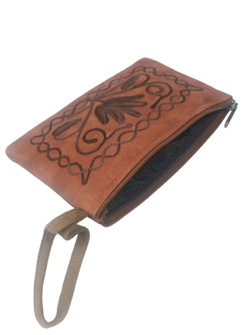 Suede Leather Purse Single Zip | Aari Hand Purch | 6"Zip Purse - ZANSKAR ARTS