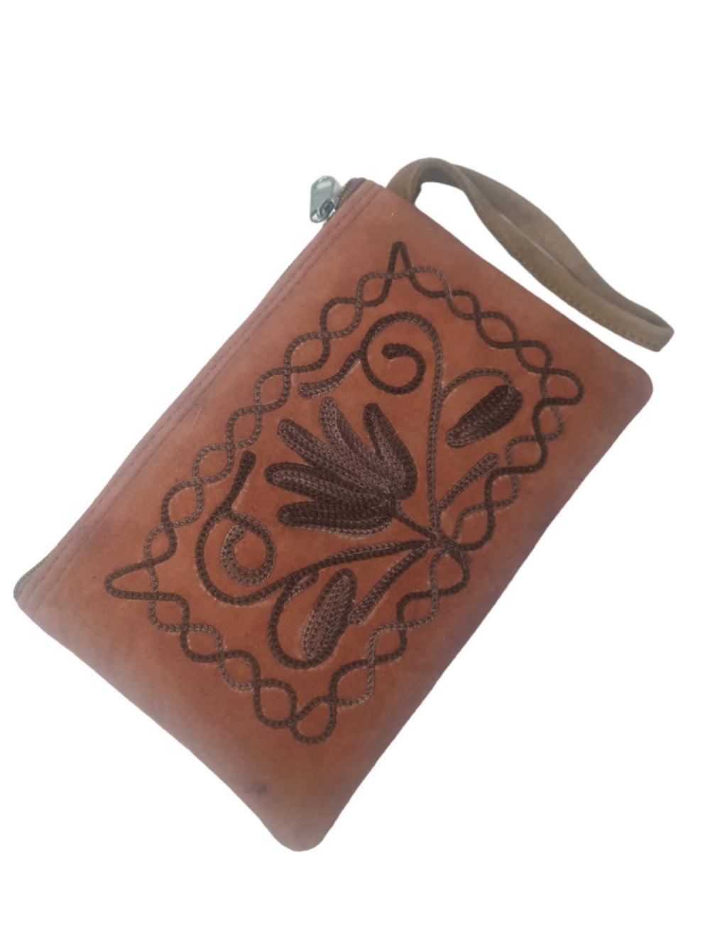 Suede Leather Purse Single Zip | Aari Hand Purch | 6"Zip Purse - ZANSKAR ARTS