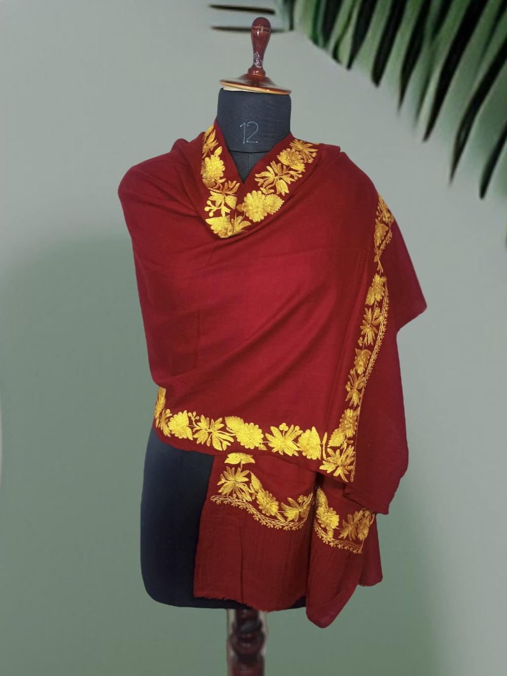 Tilla Border Stoles | Zari Bordet | Maroon Colour | Handwoven - ZANSKAR ARTS