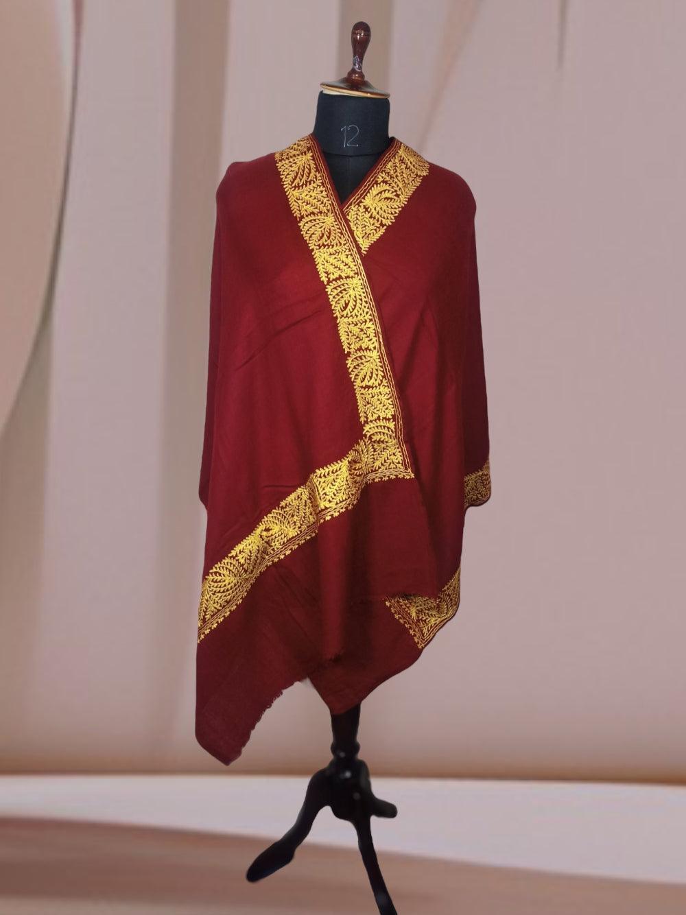 Tilla Border Stoles | Zari Bordet | Maroon Colour | Handwoven - ZANSKAR ARTS