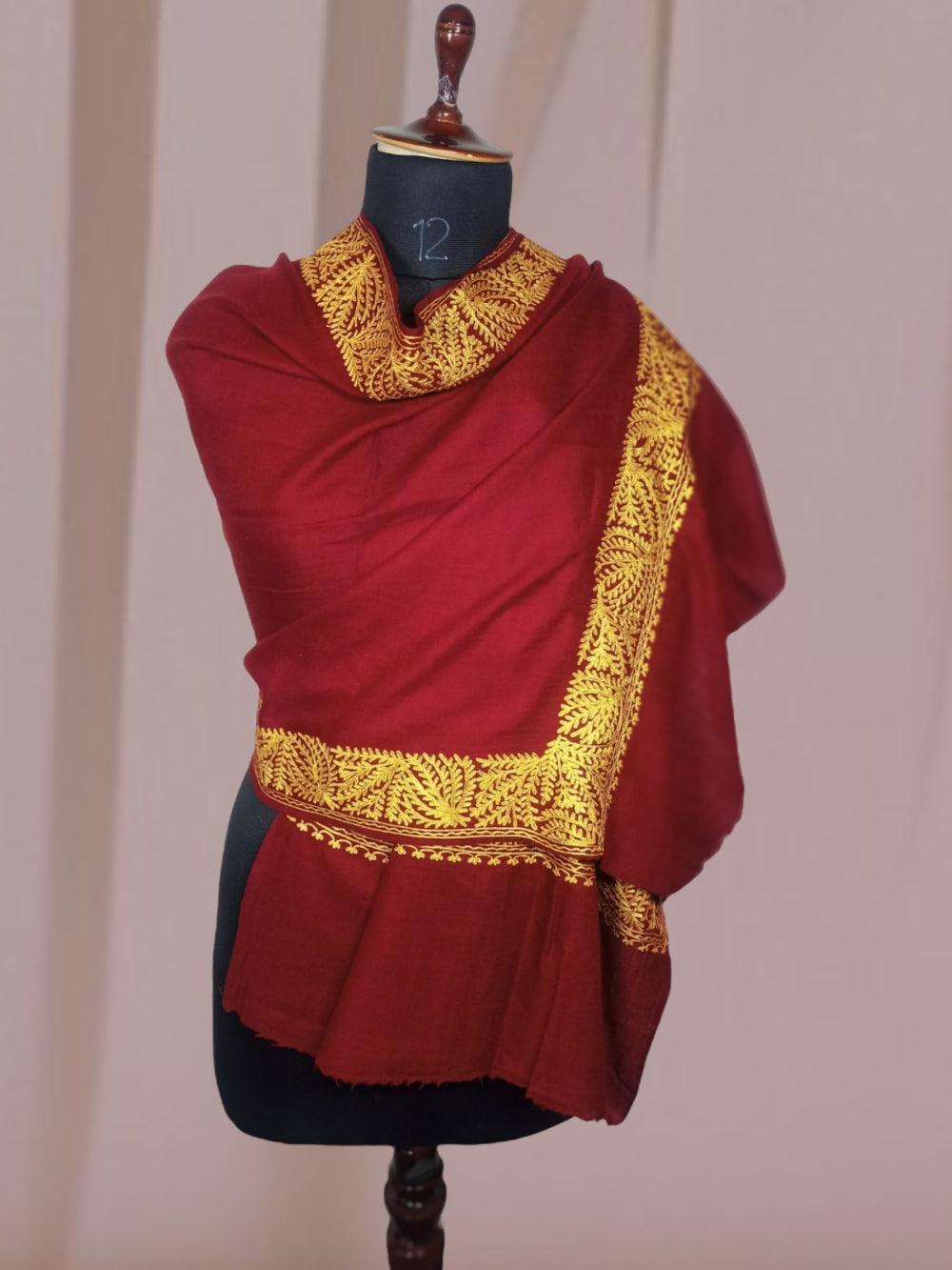 Tilla Border Stoles | Zari Bordet | Maroon Colour | Handwoven - ZANSKAR ARTS