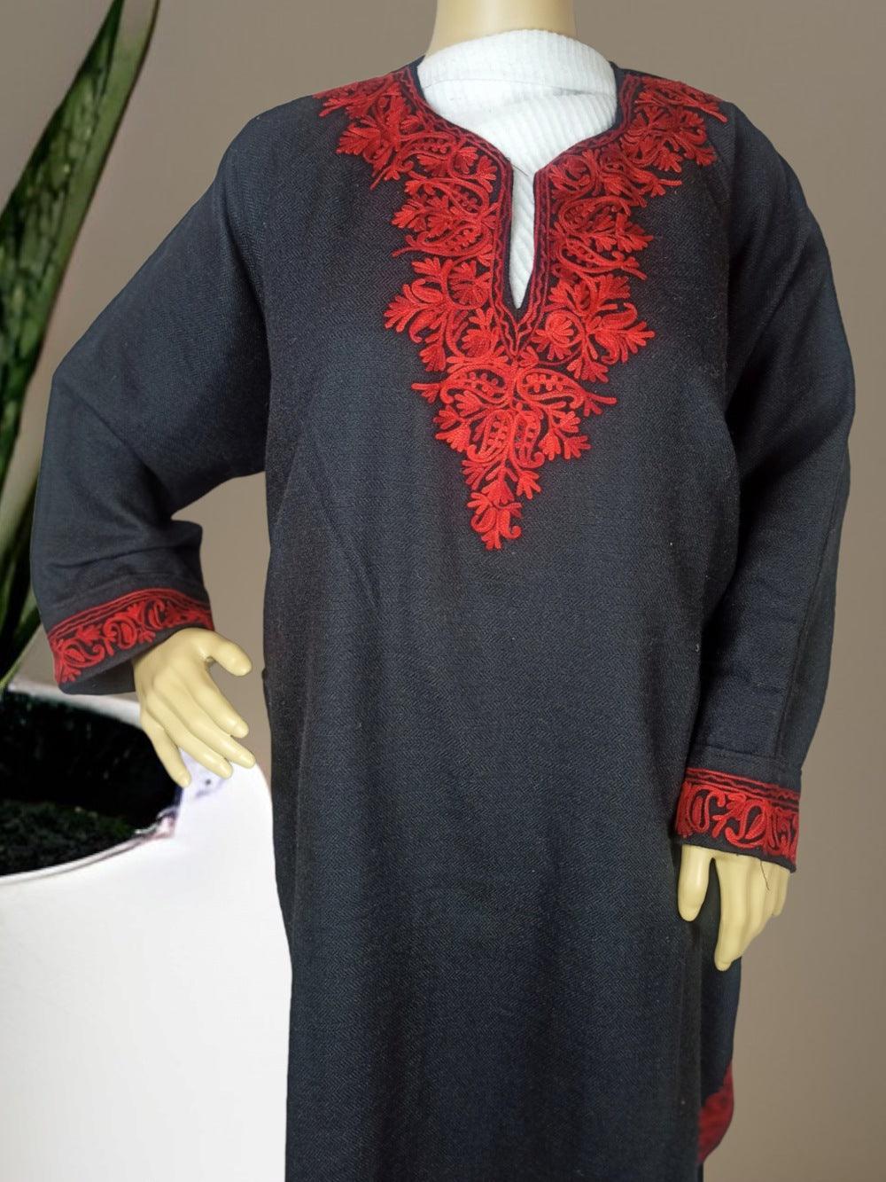 Black yak wool faran with intricate red embroidery on V-neck and cuffs displayed on mannequin