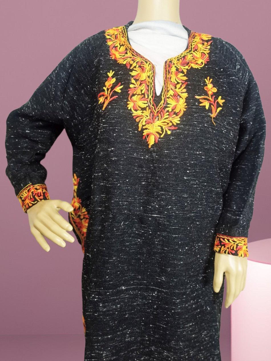 Black women's yak wool faran with vibrant orange and yellow floral embroidery on neckline and cuffs, displayed on mannequin