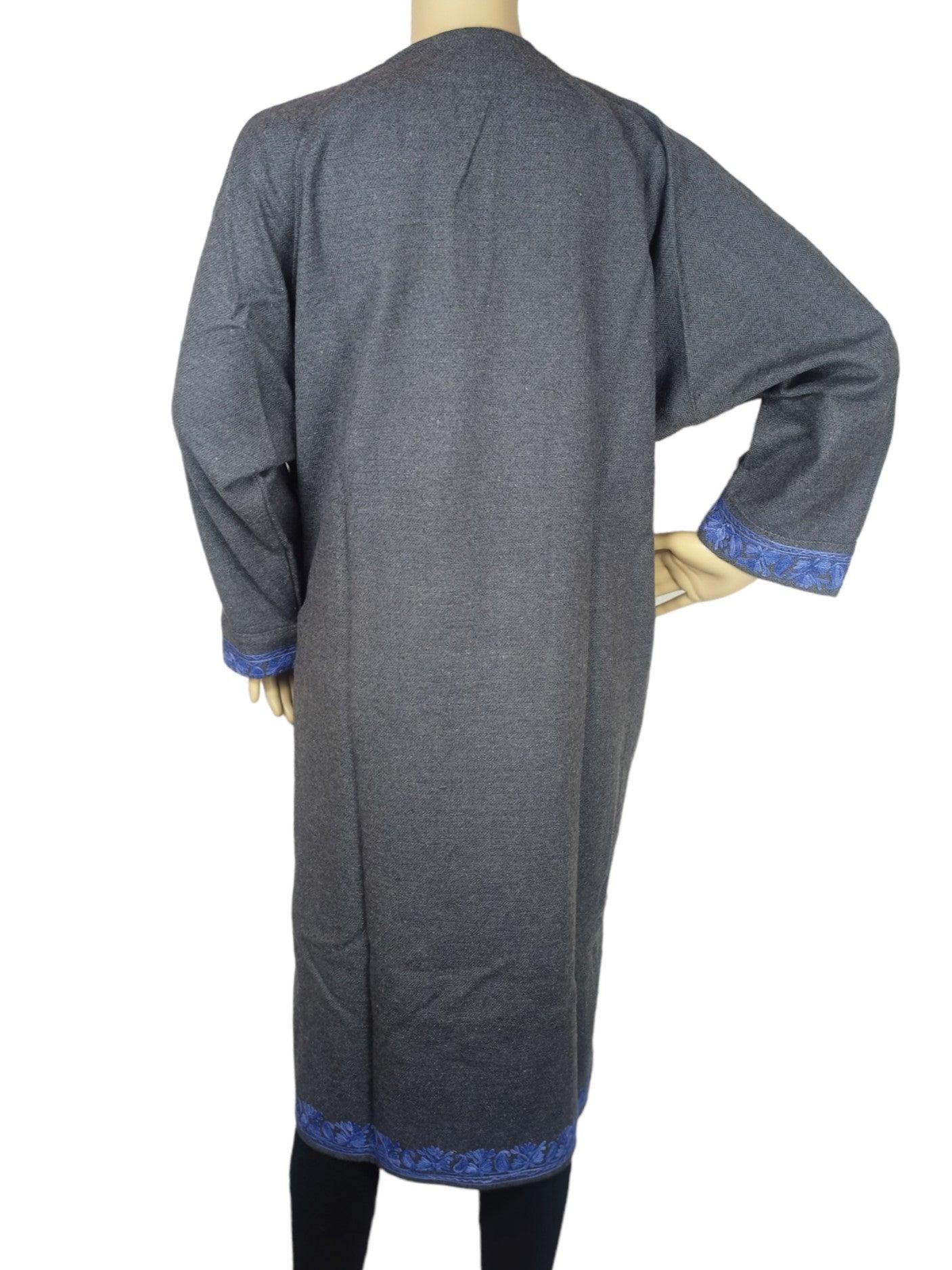 Back view of grey yak wool faran coat with blue embroidered cuffs and hem, traditional Kashmiri attire