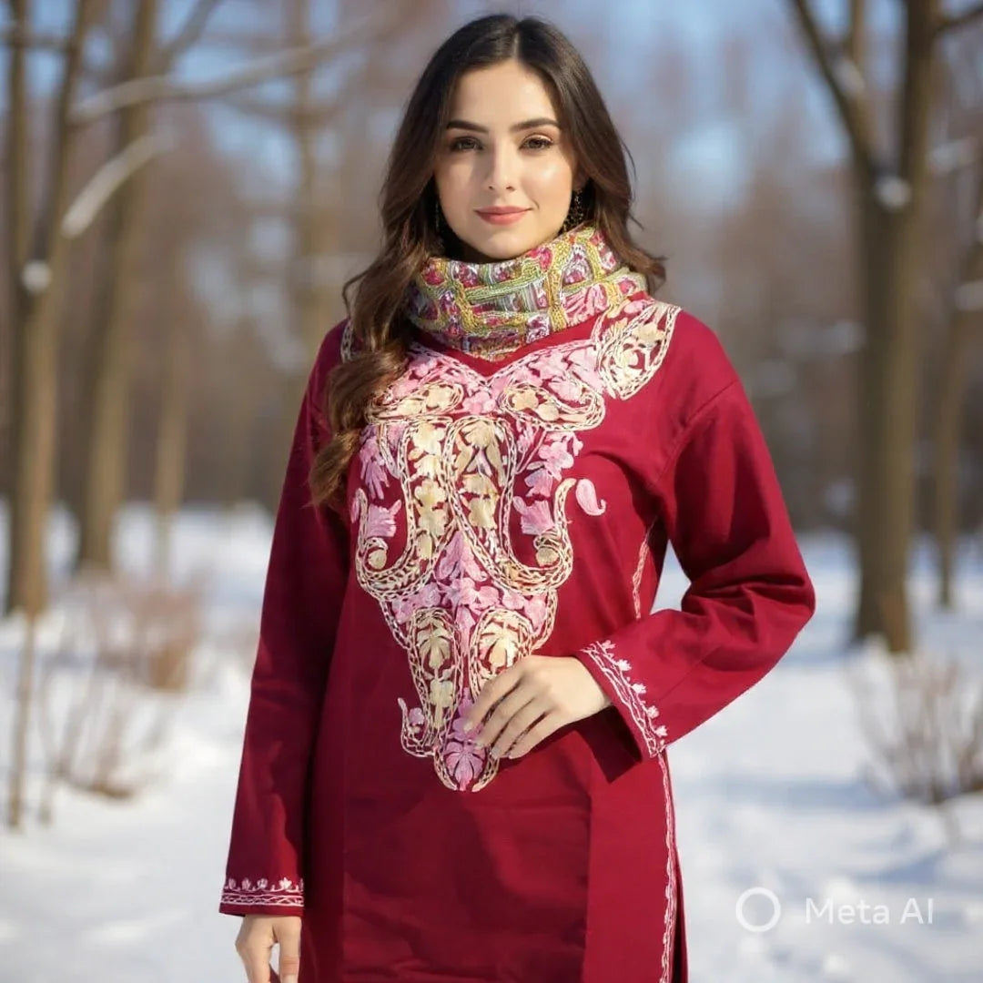 Woman in snowy outdoor setting wearing maroon embroidered dress and colorful Pashmina shawl