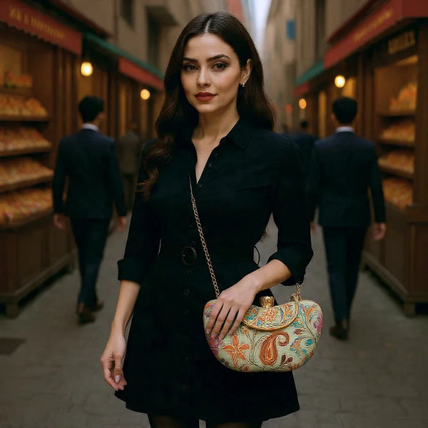 Woman in black dress holding a colorful embroidered handbag in a narrow, warmly lit street with blurred figures