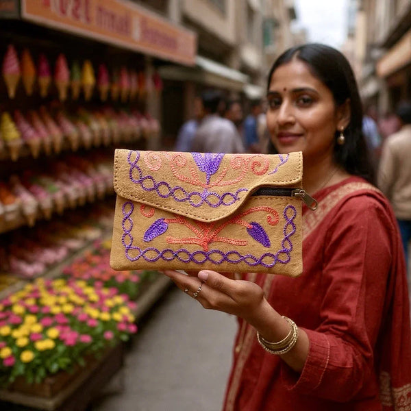 Woman in traditional attire holding a tan embroidered pouch with purple and red designs in a busy market street