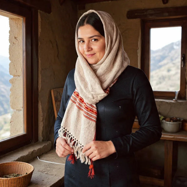 Woman wearing beige woven pashmina shawl with red stripes indoors near window with mountain view